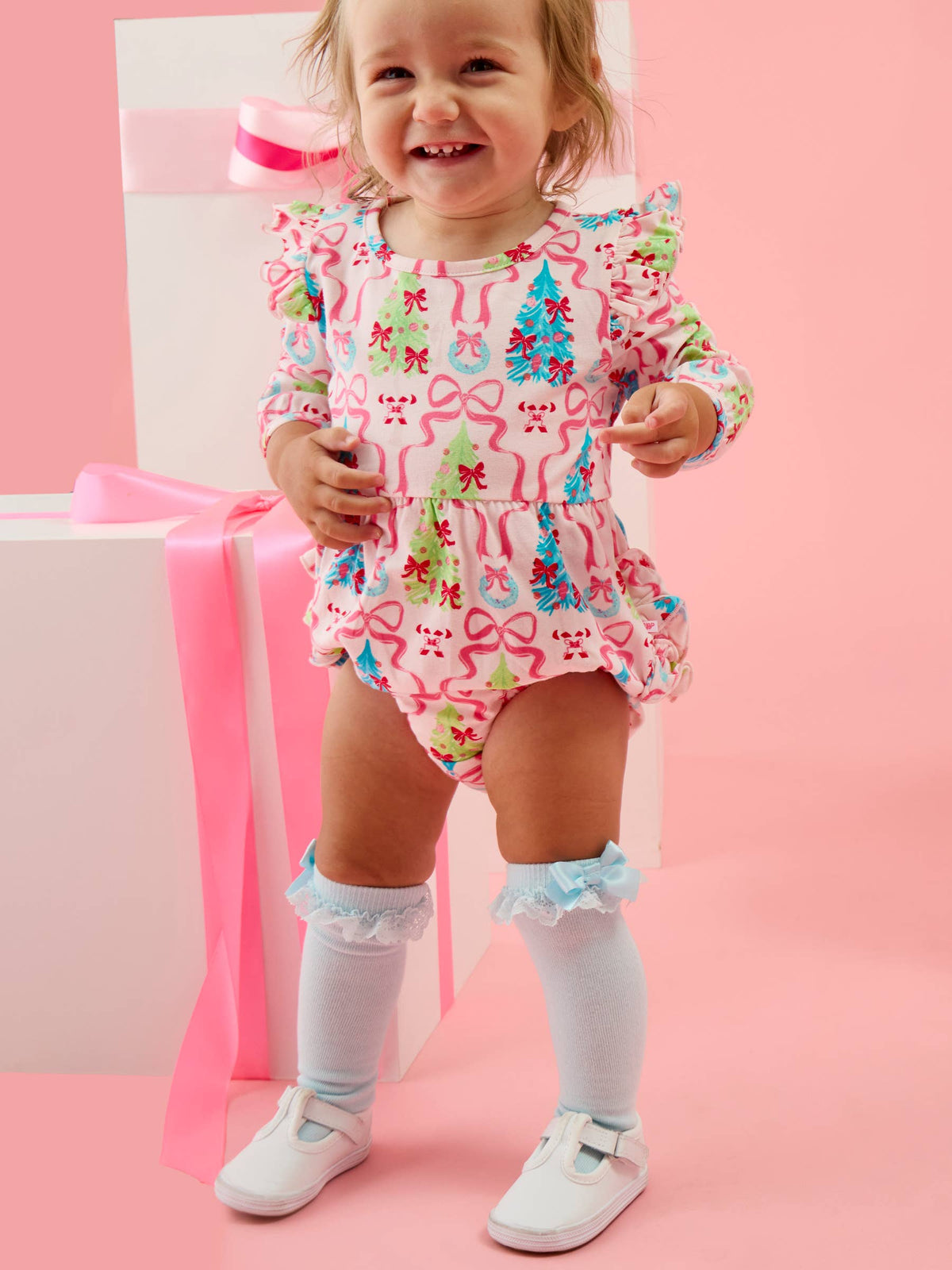 Girls White, Ocean Tide Blue, & Pink 3-Pack Lace Ruffle Bow Knee High Socks