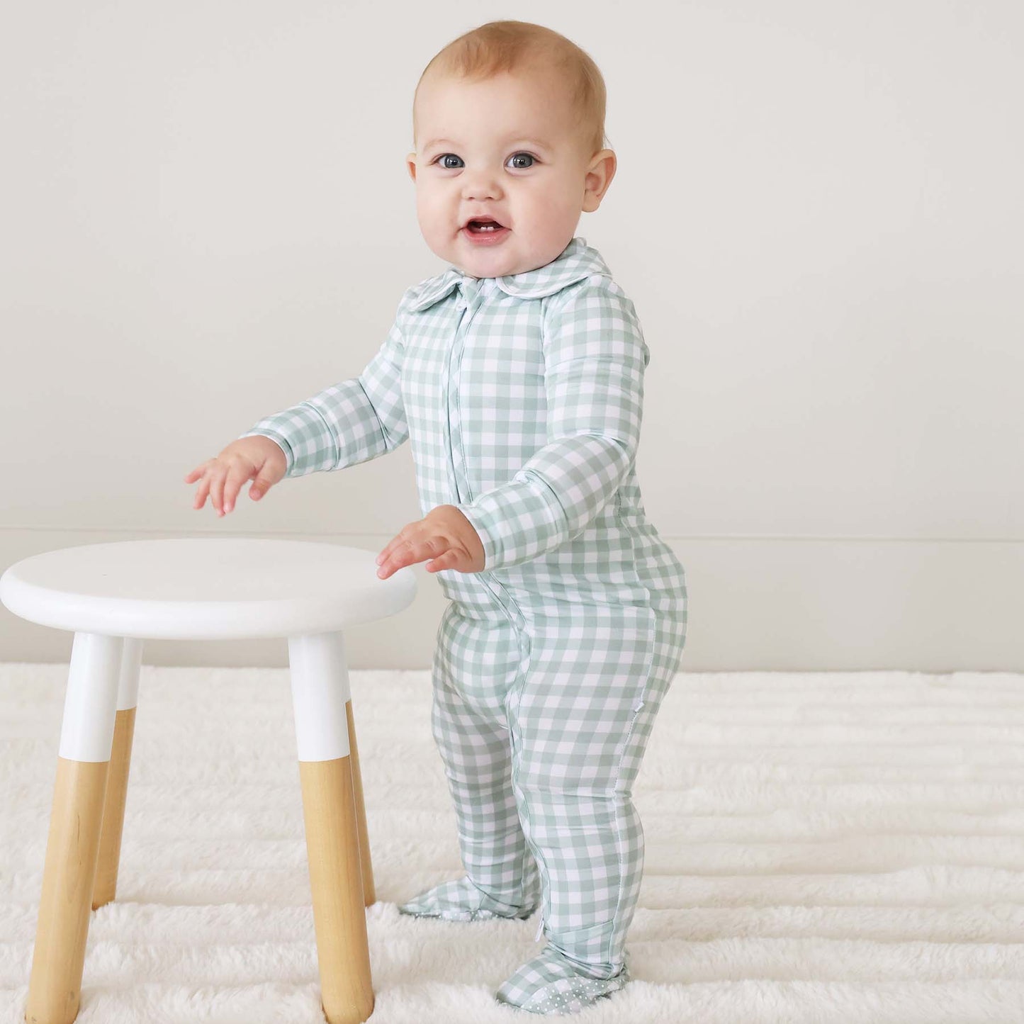 Peter Pan Collar Zipper Footie | Moss Gingham