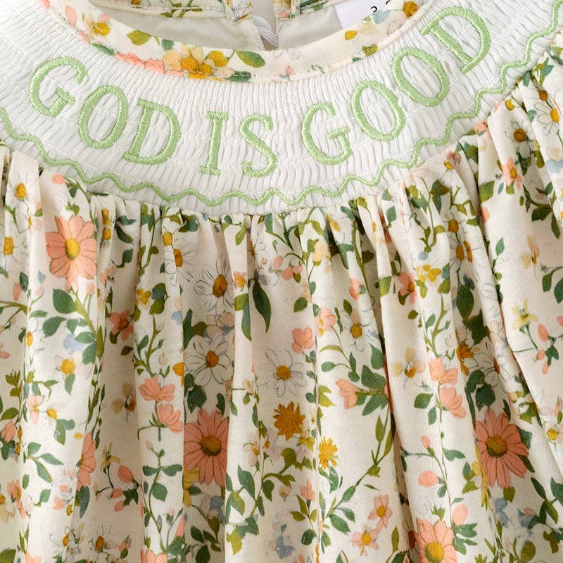 "GOD IS GOOD" Smocked Embroidery Floral Romper