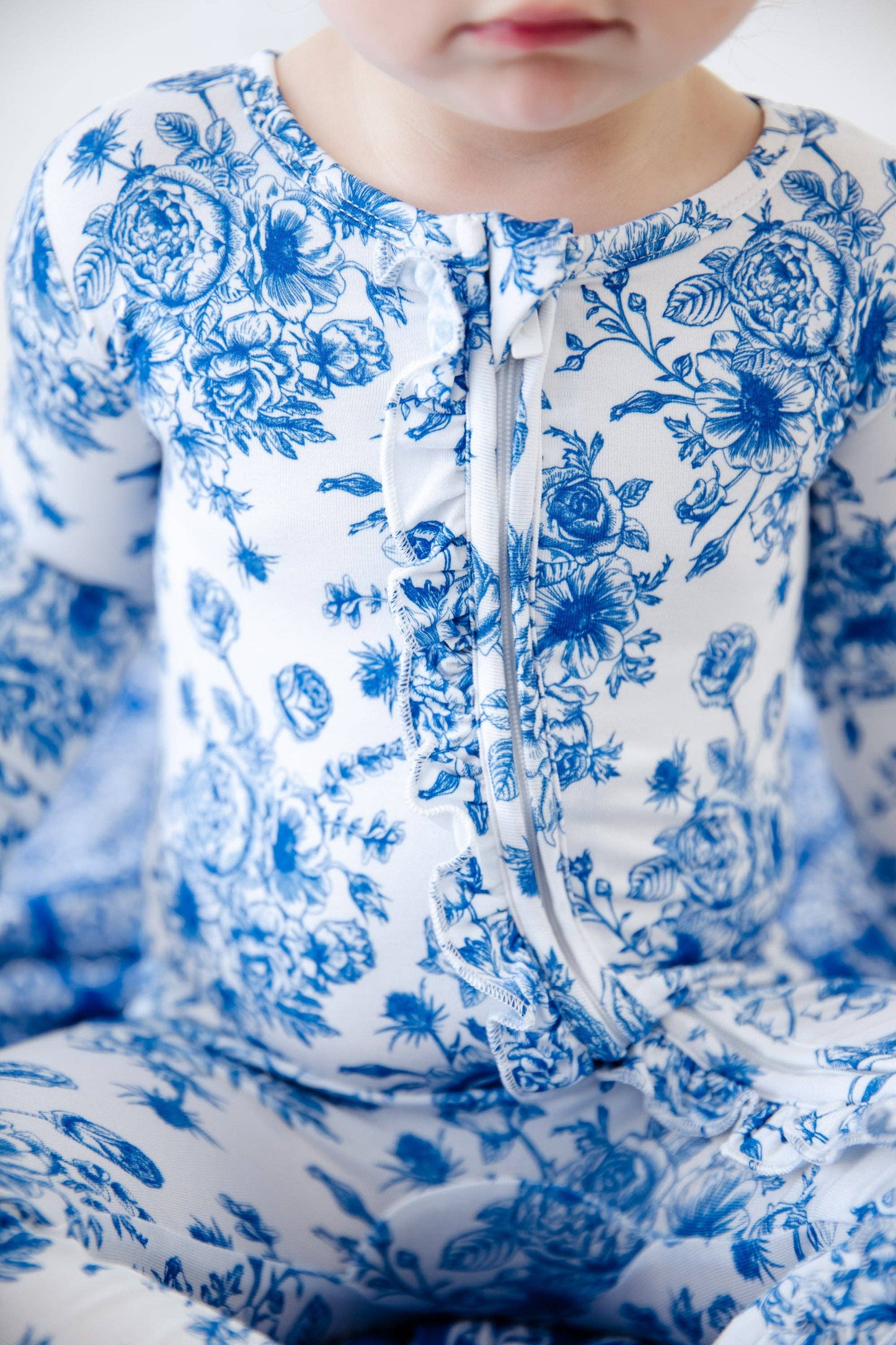 Something Blue Toile Damask Floral Bamboo Baby Pajamas Ruffle Convertible Footie