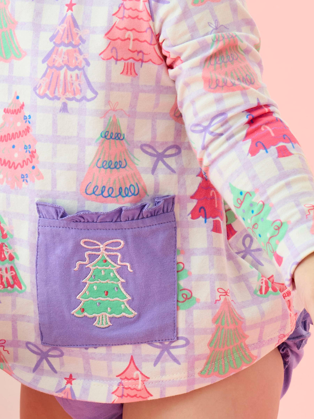 Baby Girls Purple Bow Christmas Pines Knit Long Sleeve Applique Pocket Swing Top & Ruffle Bloomer Set