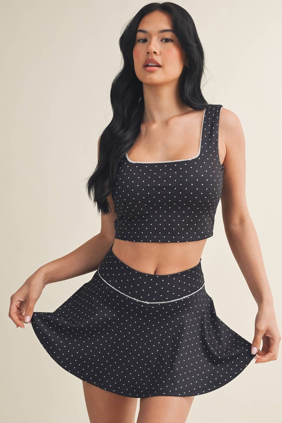 Polka Dot Print Mini Circle Skort with Bow Back and Lace Tri: Black Polka Dot