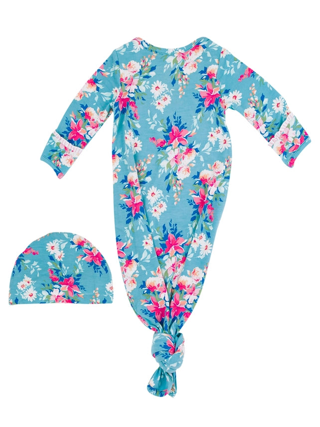 Fancy Me Floral Bamboo Viscose Knotted Ruffle Gown & Hat Set