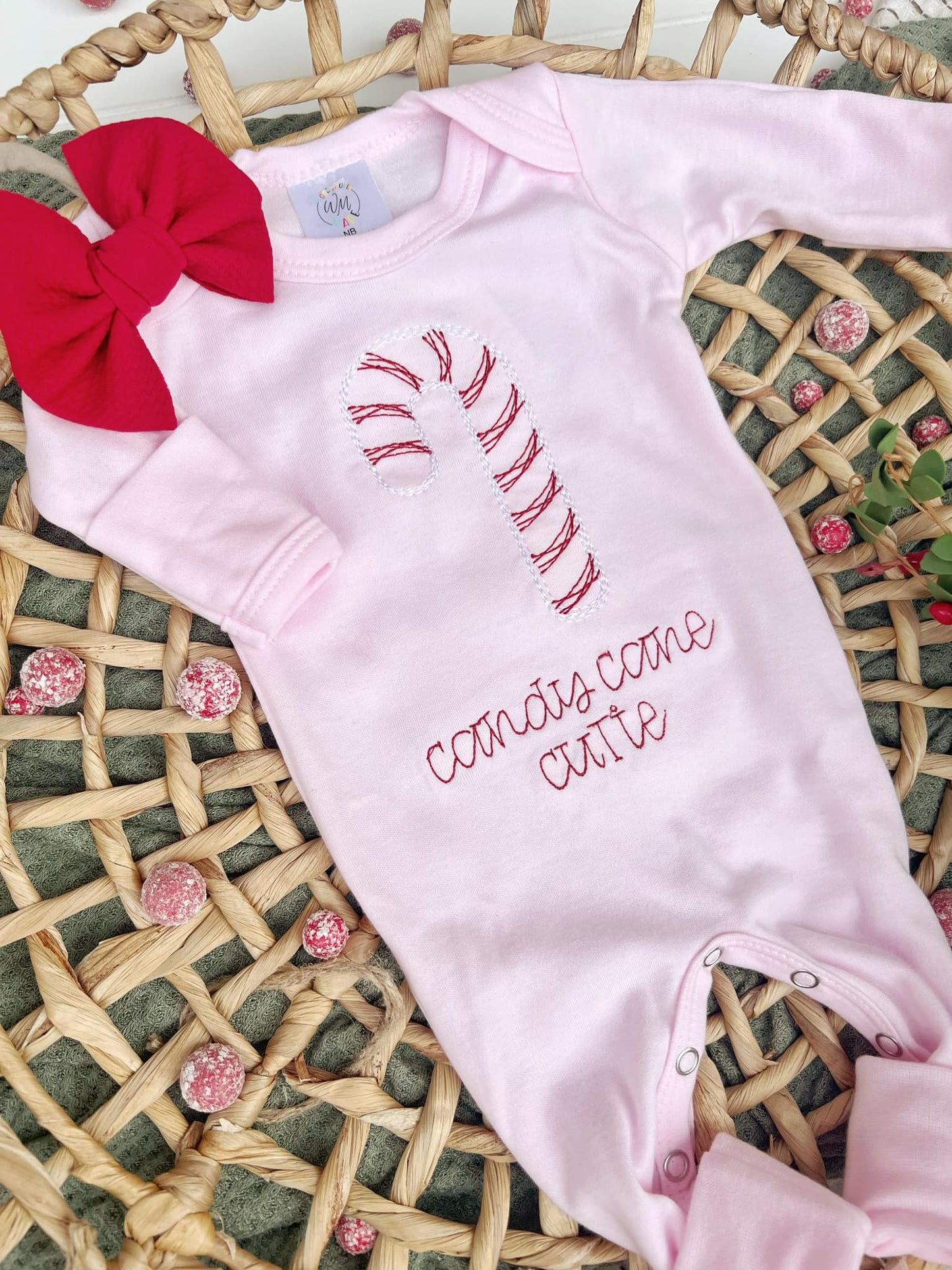 Light Pink Girl Romper Candy Cane Cutie: Newborn / Romper and bow