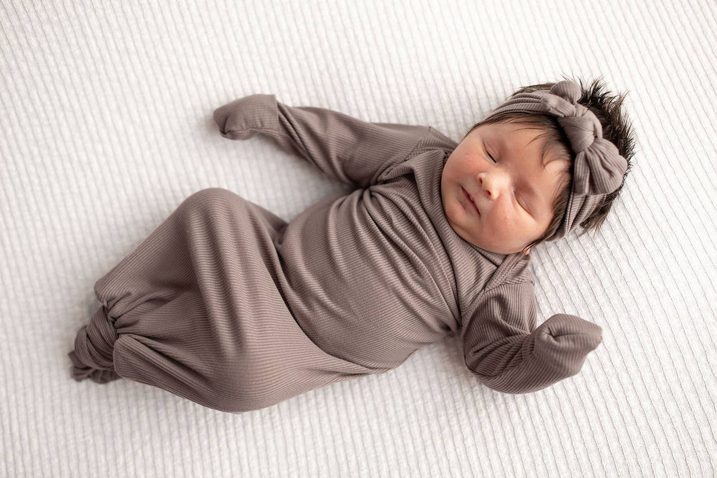 Cocoa Brown Ribbed Knotted Newborn Baby Gown sleepwear: Gown & Hat
