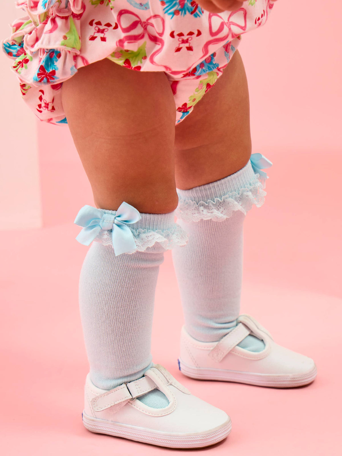 Girls White, Ocean Tide Blue, & Pink 3-Pack Lace Ruffle Bow Knee High Socks