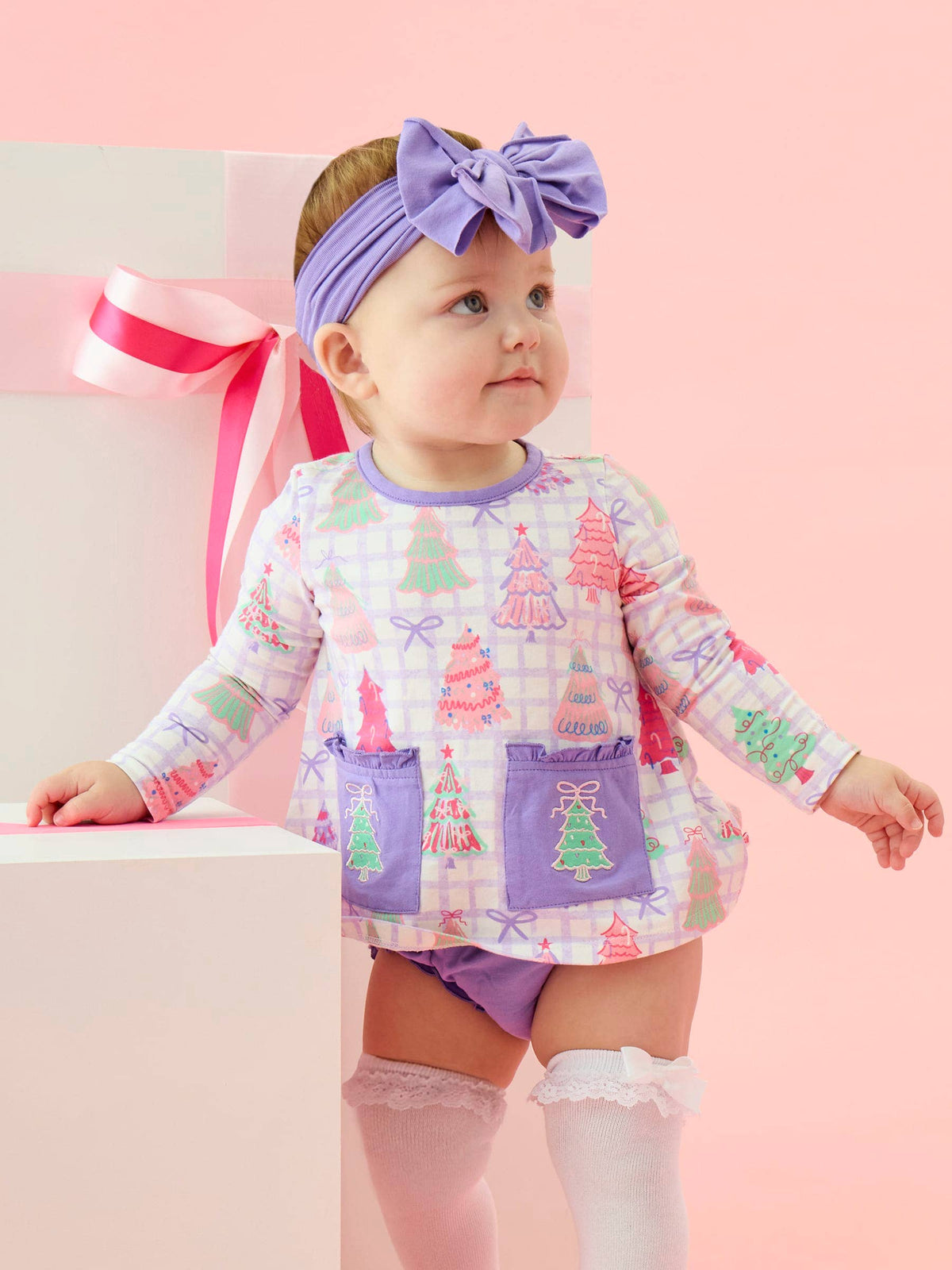 Baby Girls Purple Bow Christmas Pines Knit Long Sleeve Applique Pocket Swing Top & Ruffle Bloomer Set