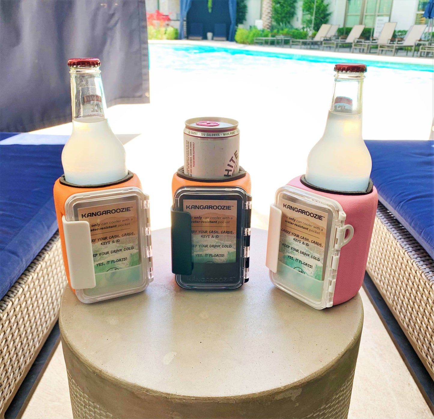 Kangaroozie (for slim cans & bottles) - Koozie with Pocket: Pink Foam/White Compartment
