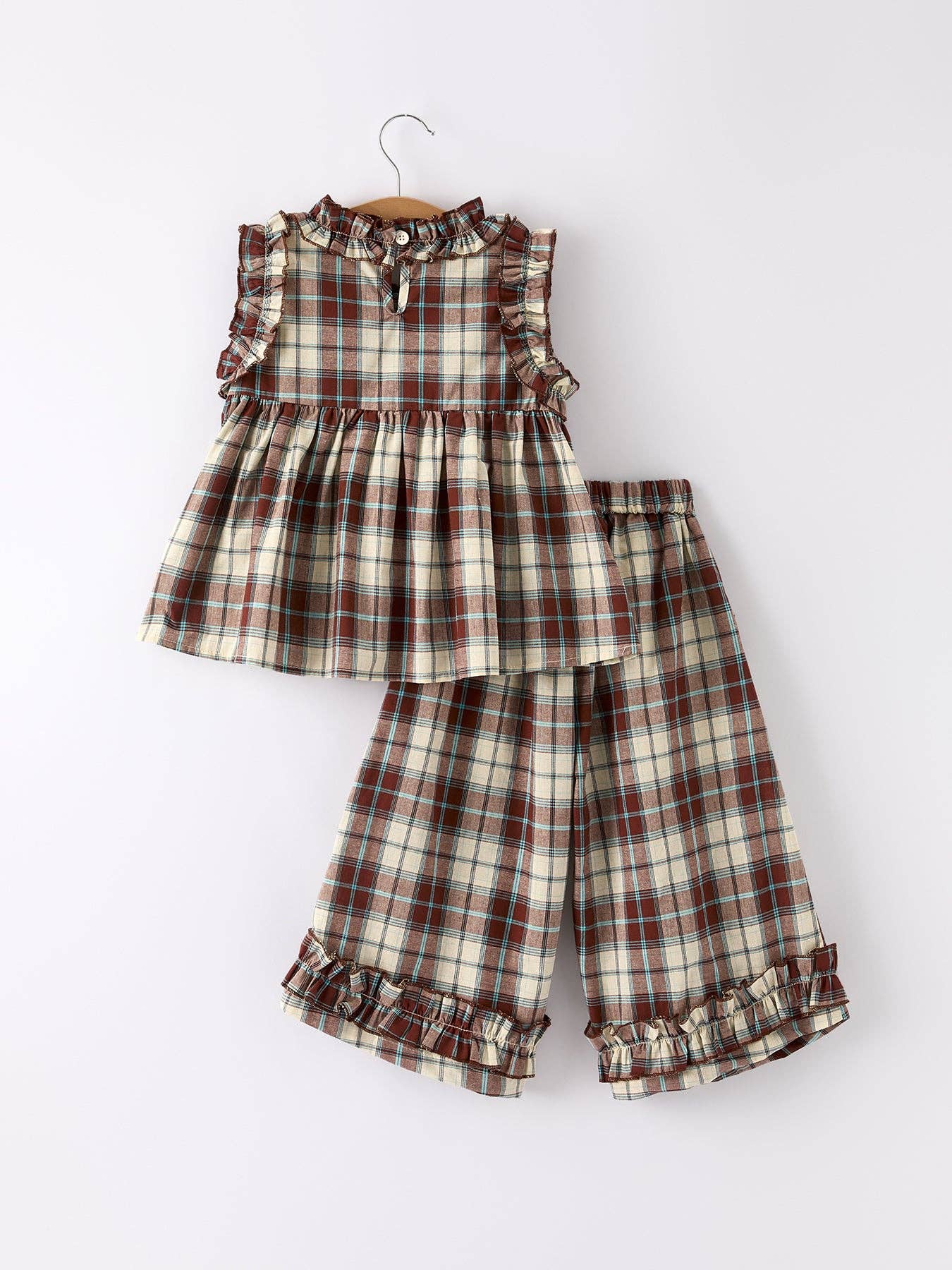 Coffee Green Plaid Girls Two-Piece Set