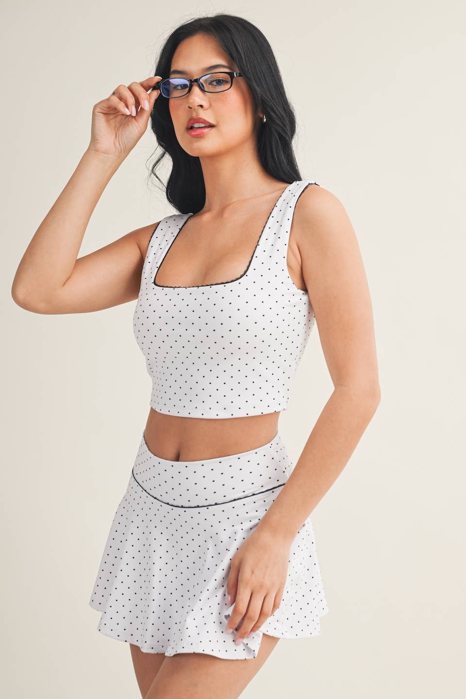 Polka Dot Print Crop Tank with Lace Trim: Black Polka Dot