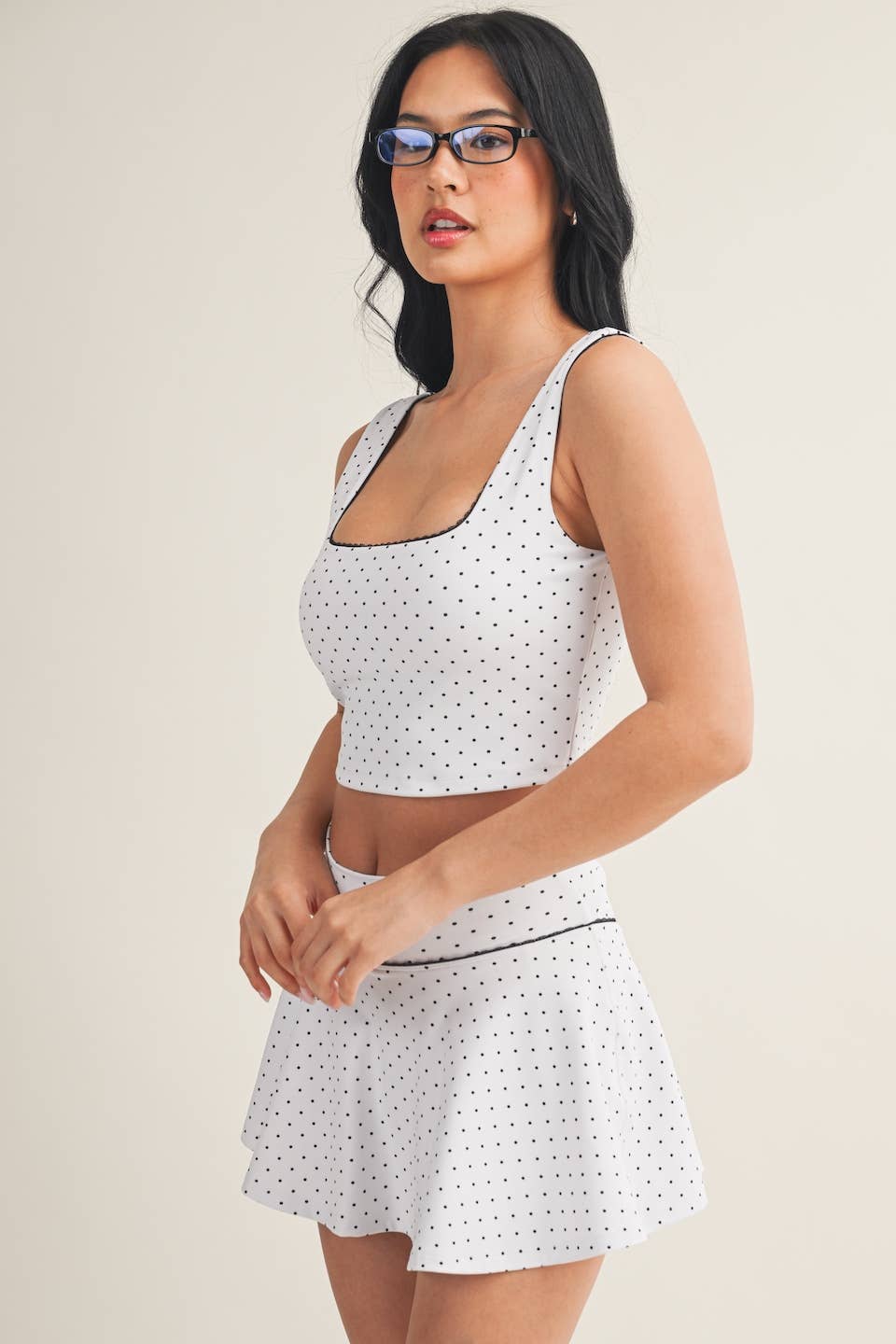 Polka Dot Print Crop Tank with Lace Trim: Black Polka Dot