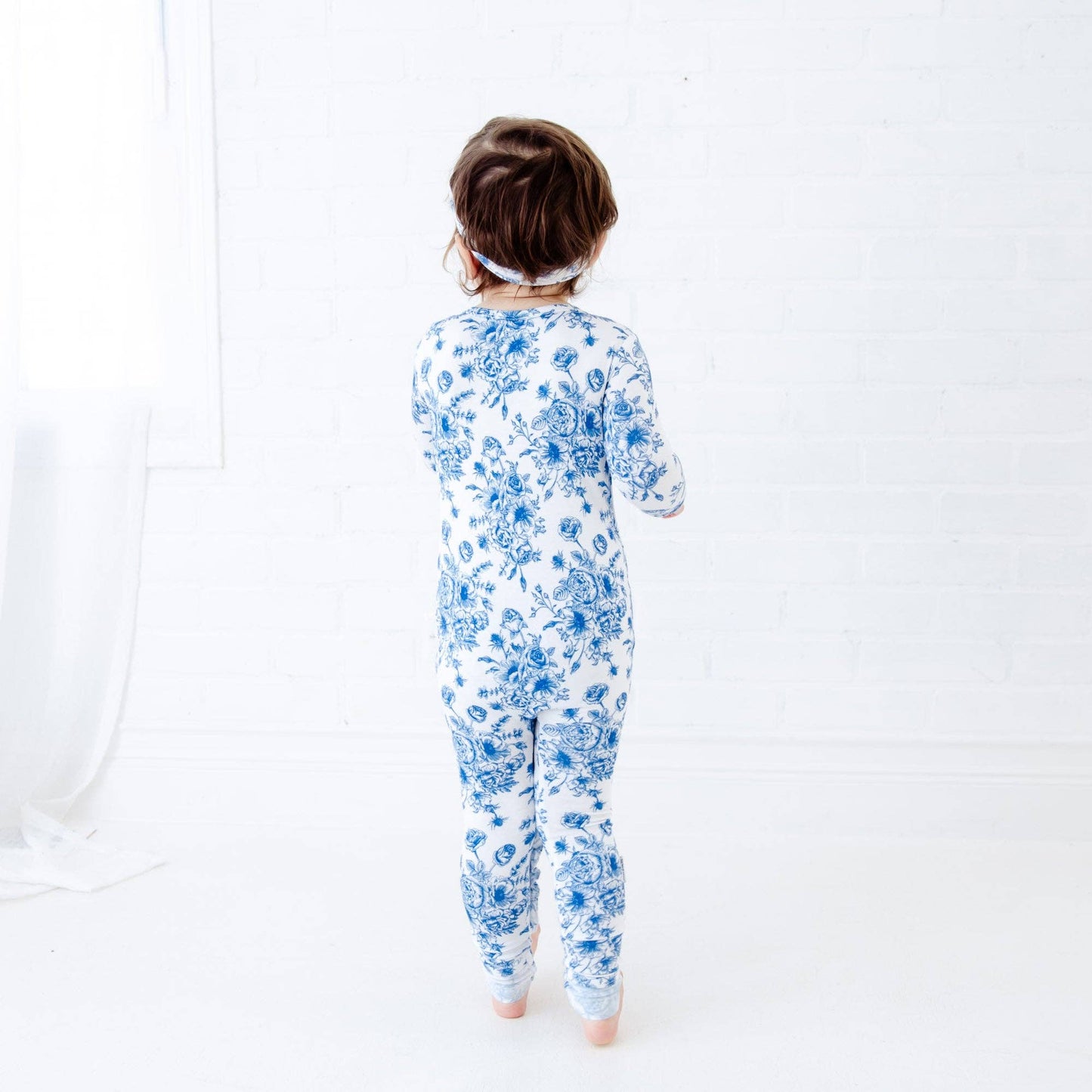 Something Blue Toile Damask Floral Bamboo Baby Pajamas Ruffle Convertible Footie