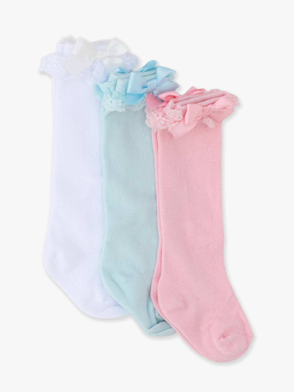 Girls White, Ocean Tide Blue, & Pink 3-Pack Lace Ruffle Bow Knee High Socks