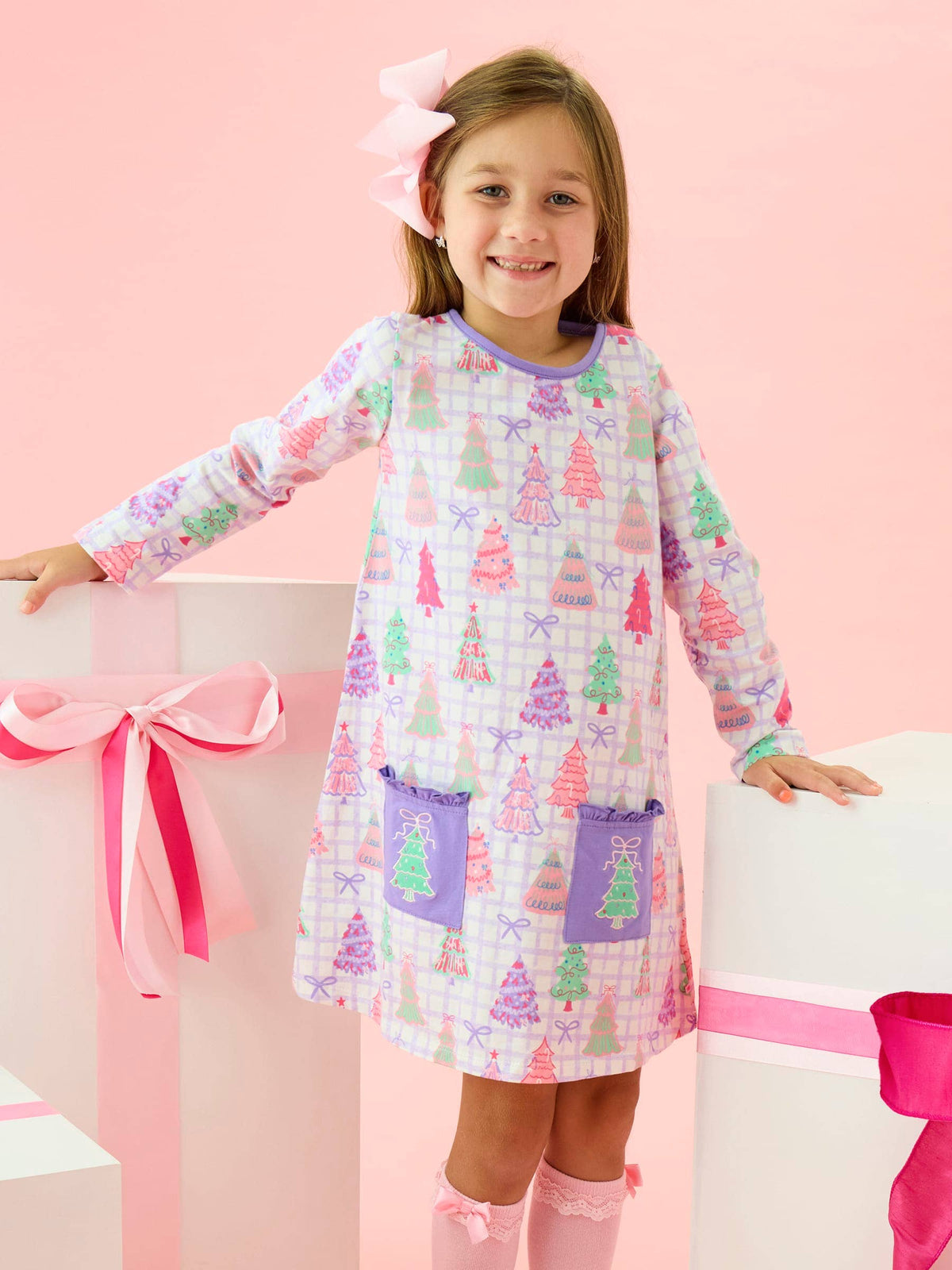 Girls Purple Bow Christmas Pines Knit A-line Applique Pockets Dress