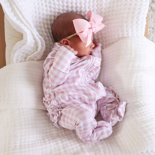 Peter Pan Collar Ruffle Zipper Footie | Rosy Gingham