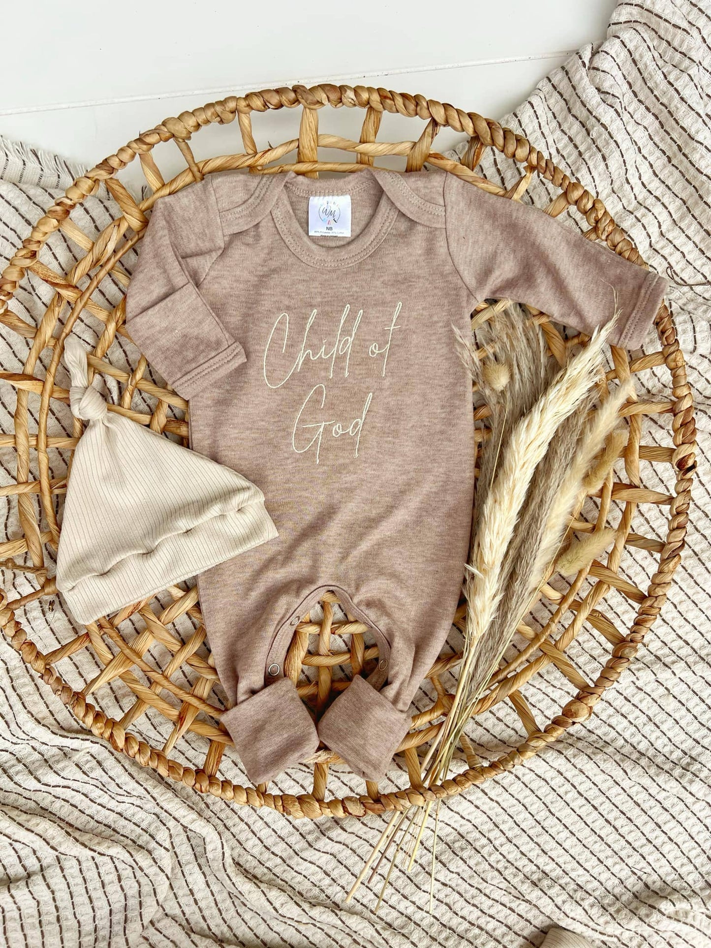 Child of God Mocha Brown Outfit: Newborn / Romper and Knotted Hat