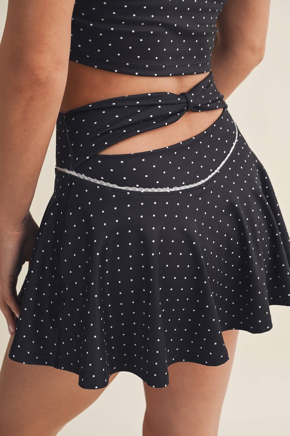 Polka Dot Print Mini Circle Skort with Bow Back and Lace Tri: Black Polka Dot