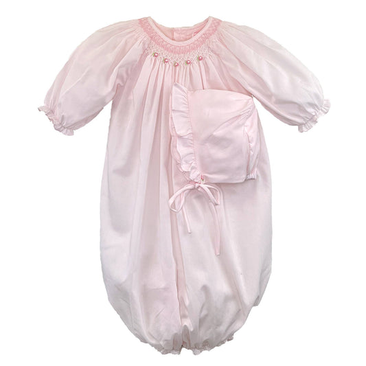 Bishop Smocked Heirloom Bag & Hat: Pink / Newborn