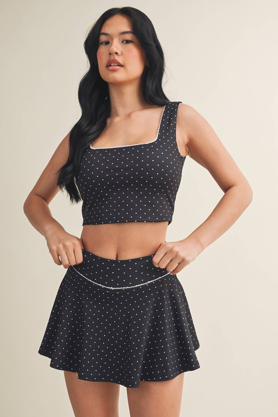 Polka Dot Print Mini Circle Skort with Bow Back and Lace Tri: Black Polka Dot