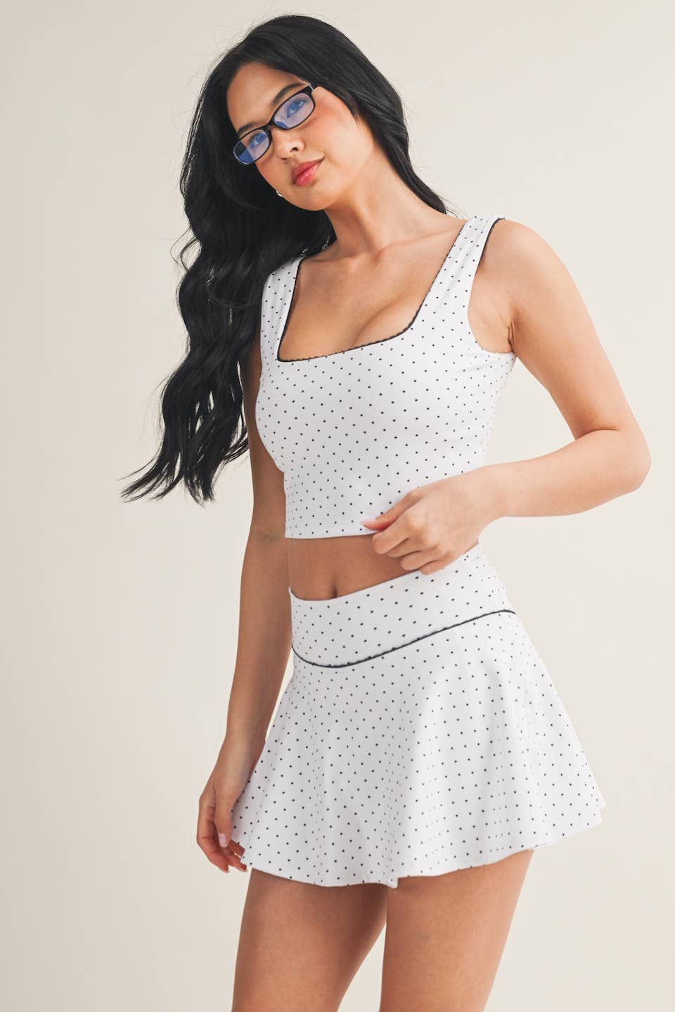 Polka Dot Print Crop Tank with Lace Trim: Black Polka Dot