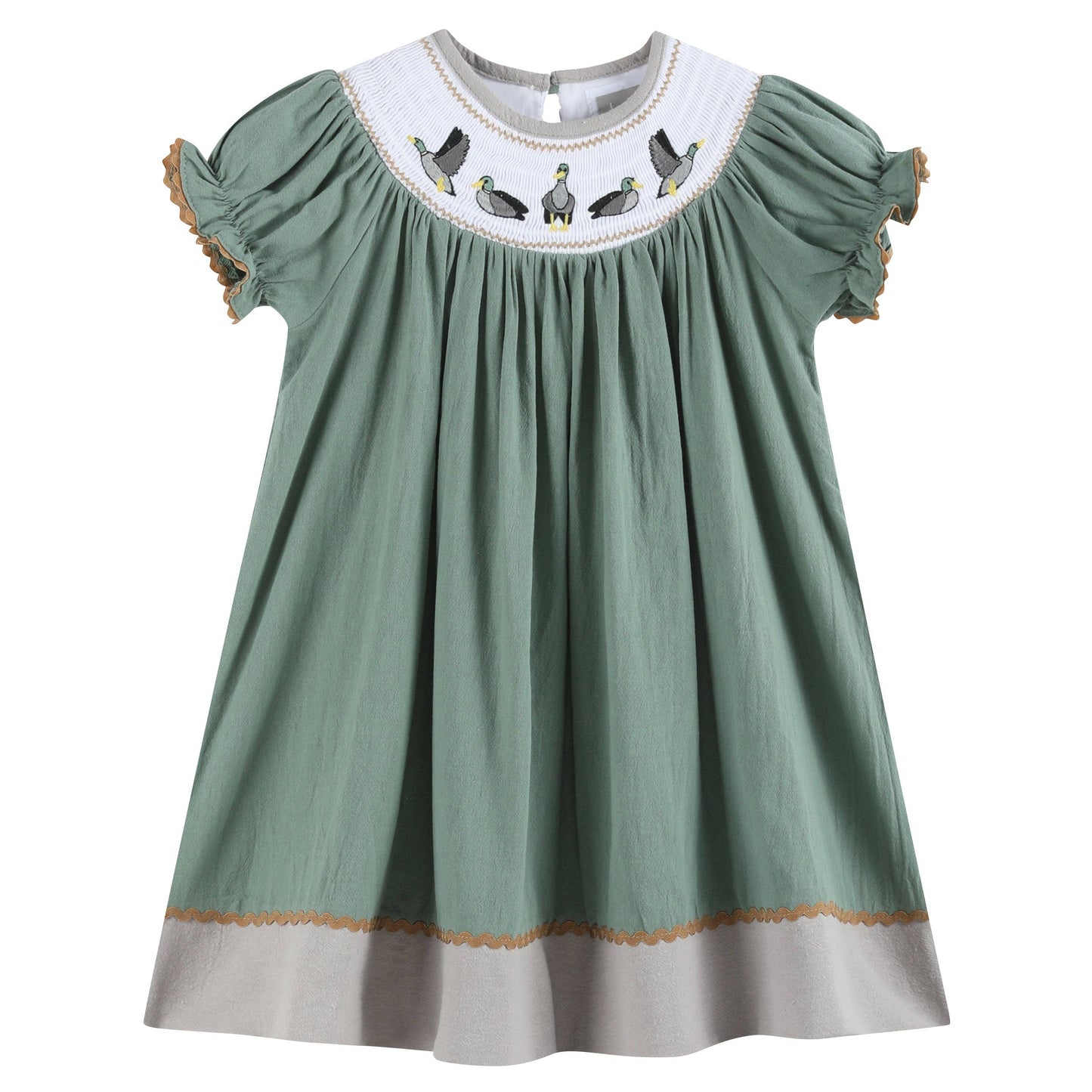 Sage Green Mallard Smocked Bishop Dress: 6-12M