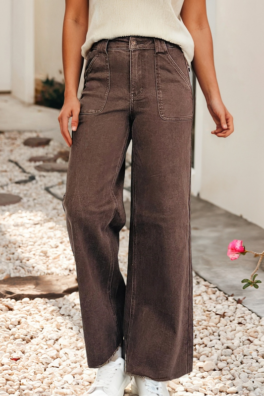 Dark Brown Retro Washed Patch Pocket Loose Jeans