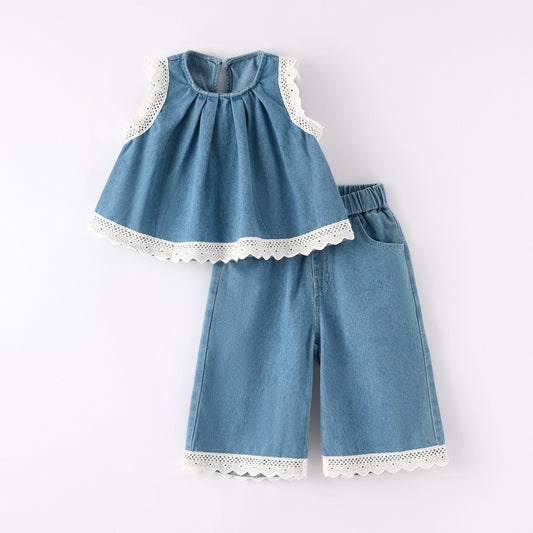 Denim Light Blue Lace Sleeveless Cotton Outfit Set