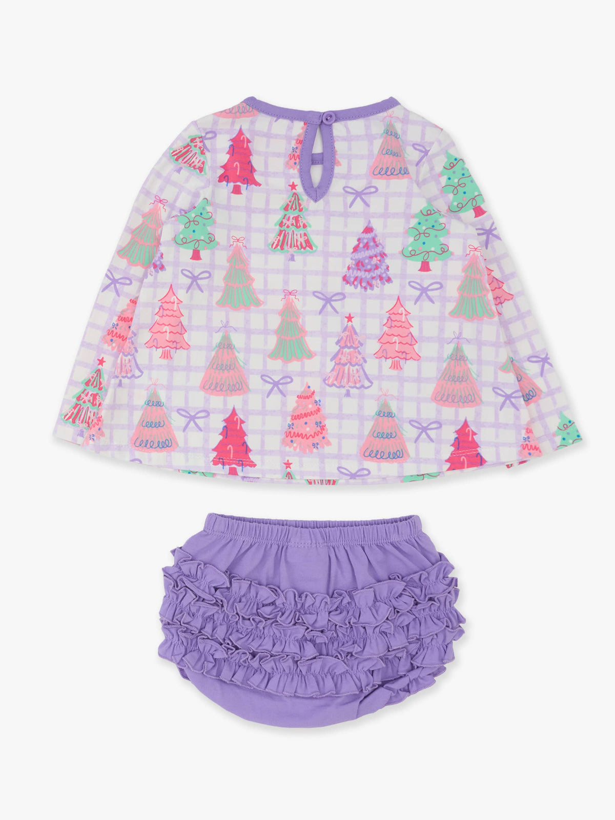 Baby Girls Purple Bow Christmas Pines Knit Long Sleeve Applique Pocket Swing Top & Ruffle Bloomer Set