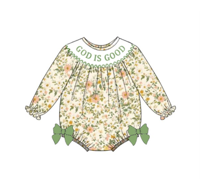 "GOD IS GOOD" Smocked Embroidery Floral Romper