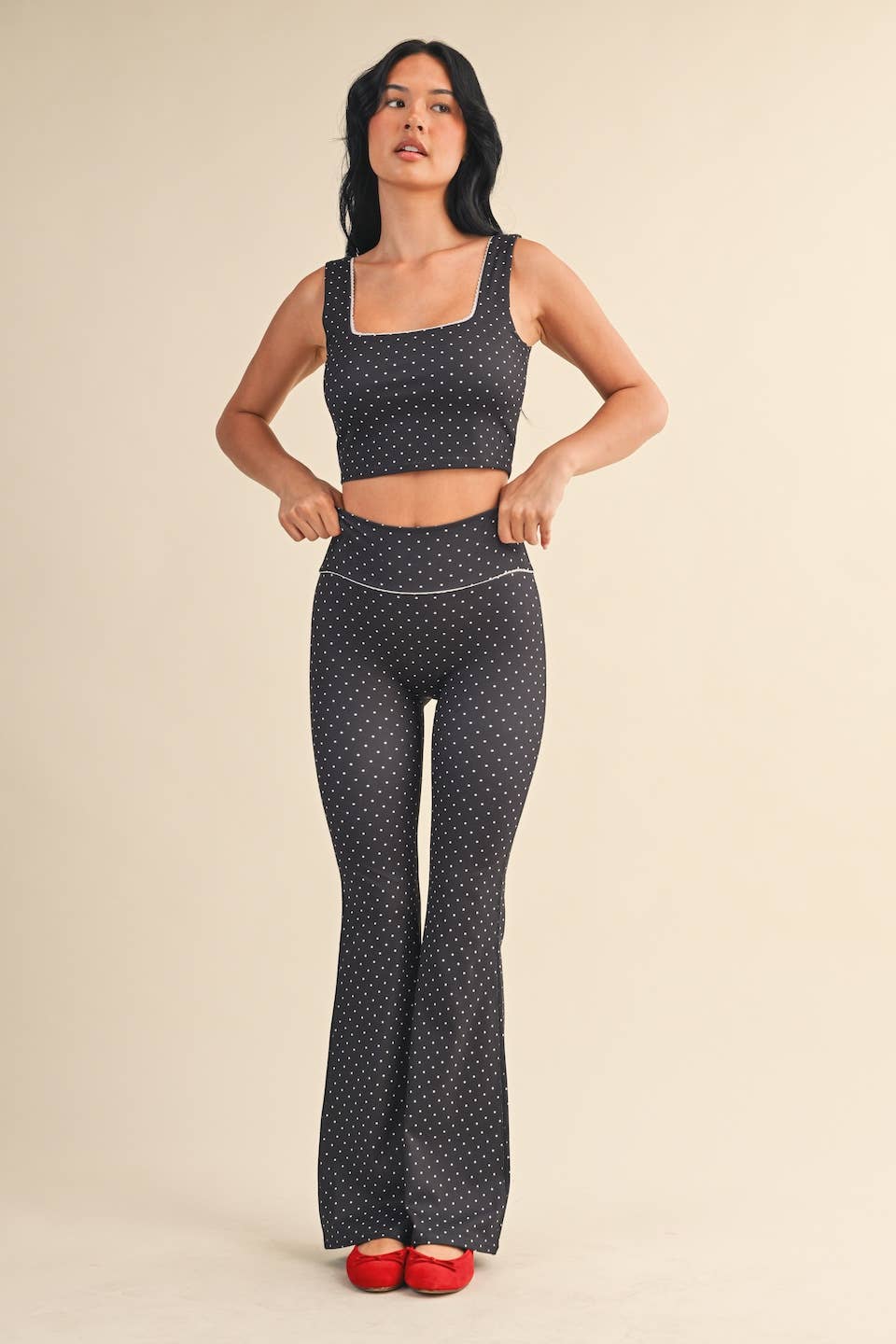 Polka Dot Print Crop Tank with Lace Trim: Black Polka Dot