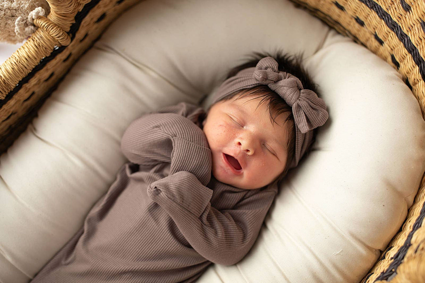 Cocoa Brown Ribbed Knotted Newborn Baby Gown sleepwear: Gown & Hat