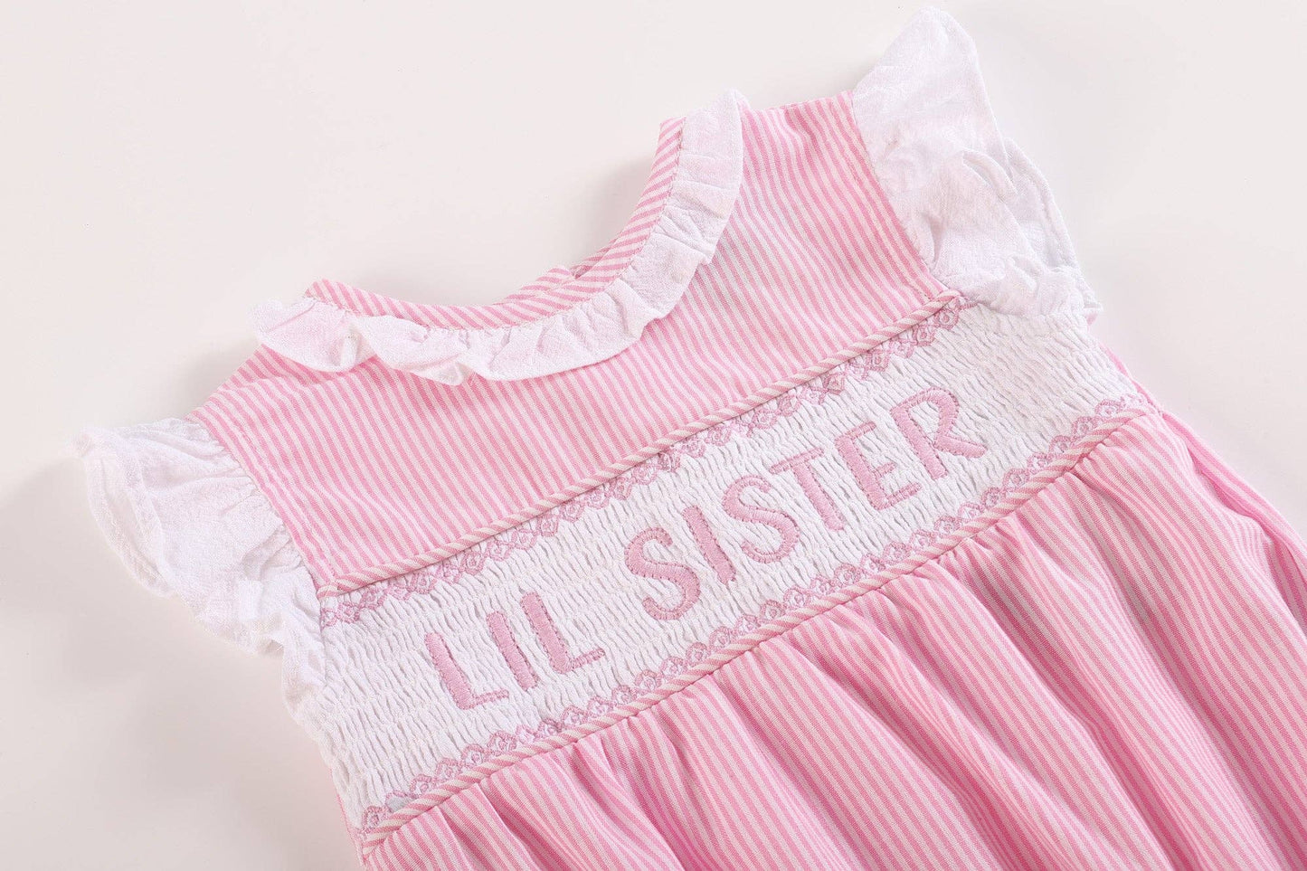 Pink Striped Lil Sister Smocked Romper: 3-6M