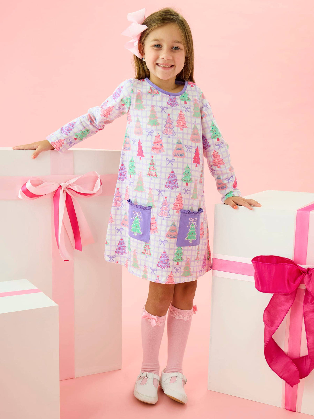 Girls Purple Bow Christmas Pines Knit A-line Applique Pockets Dress