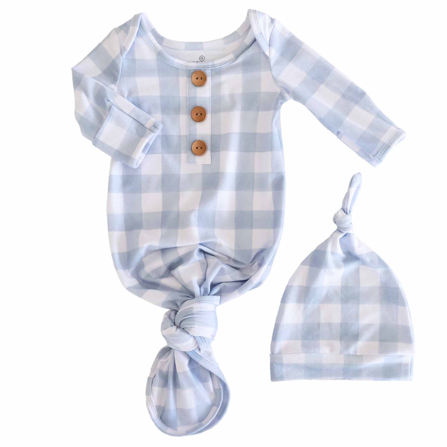 Dusty Blue Gingham Newborn Baby Knot Gown & Hat Set