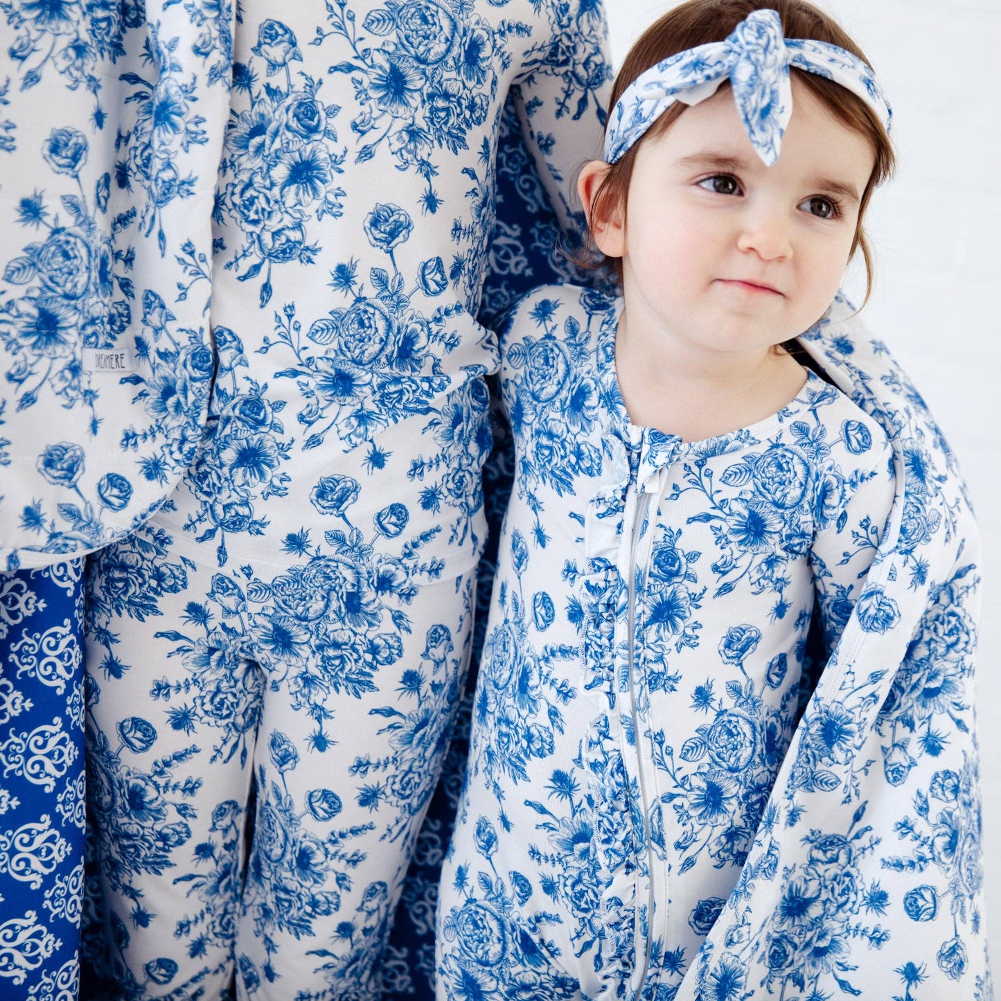 Something Blue Toile Damask Floral Bamboo Baby Pajamas Ruffle Convertible Footie