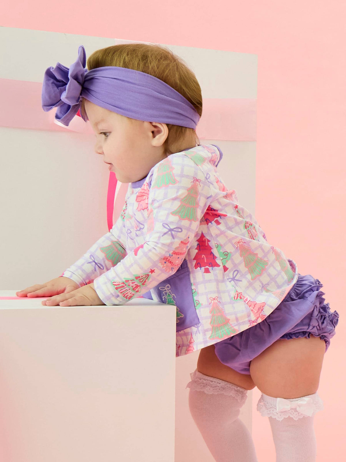 Baby Girls Purple Bow Christmas Pines Knit Long Sleeve Applique Pocket Swing Top & Ruffle Bloomer Set