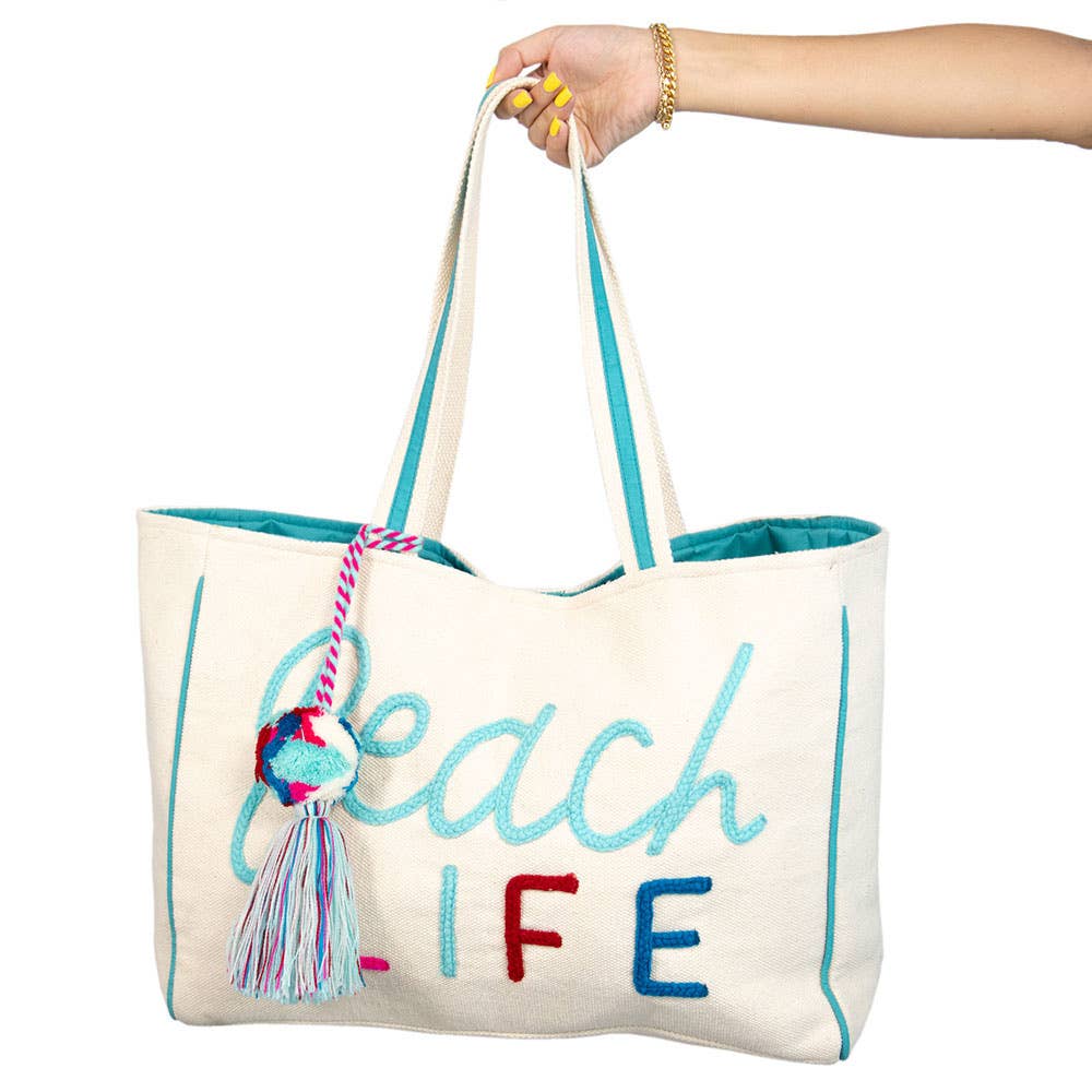 Beach Life Tote Beach Bag: Beige Canvas