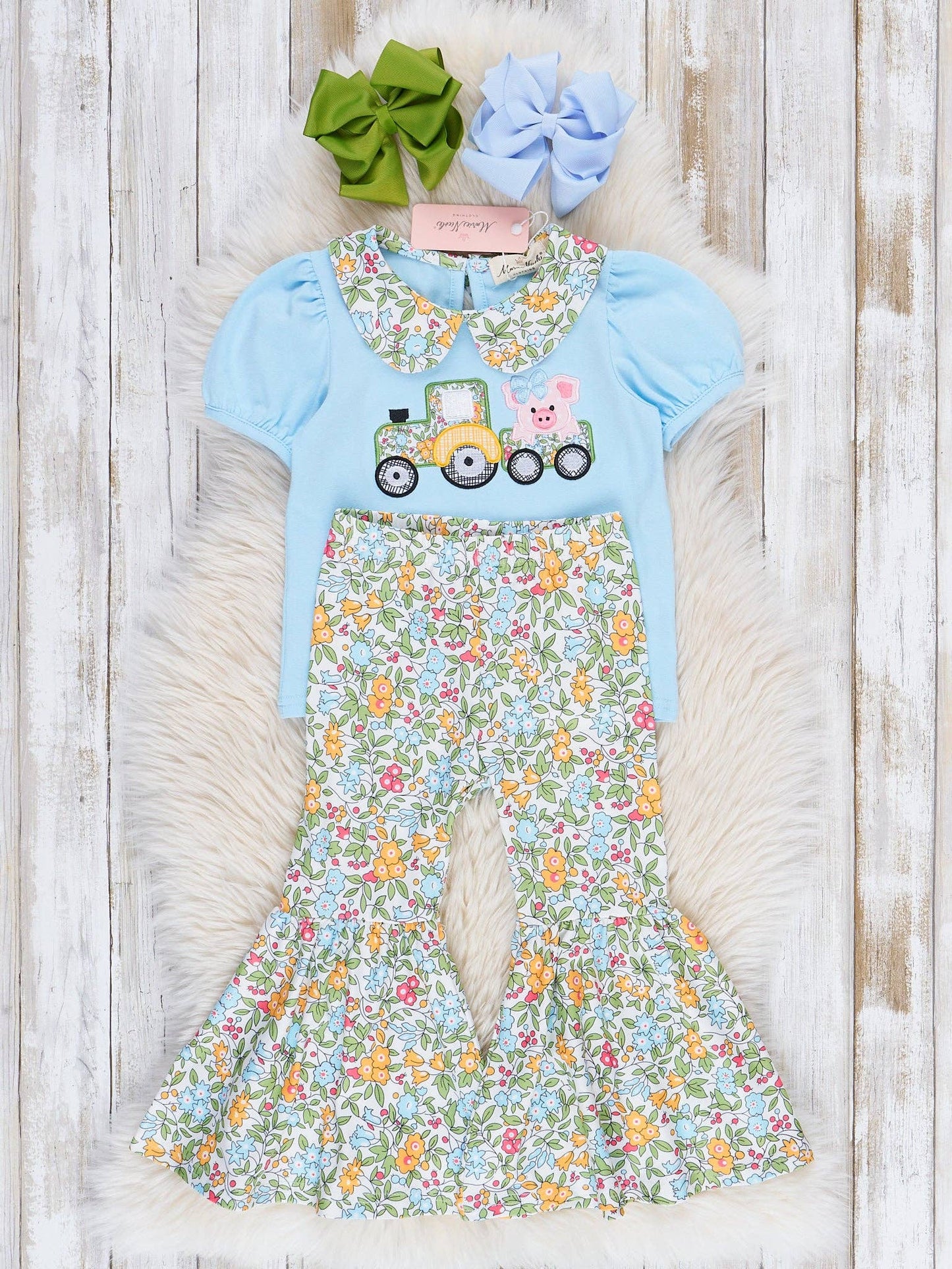 Light Blue Embroidered Piggy Tractor Bell Bottoms Outfit