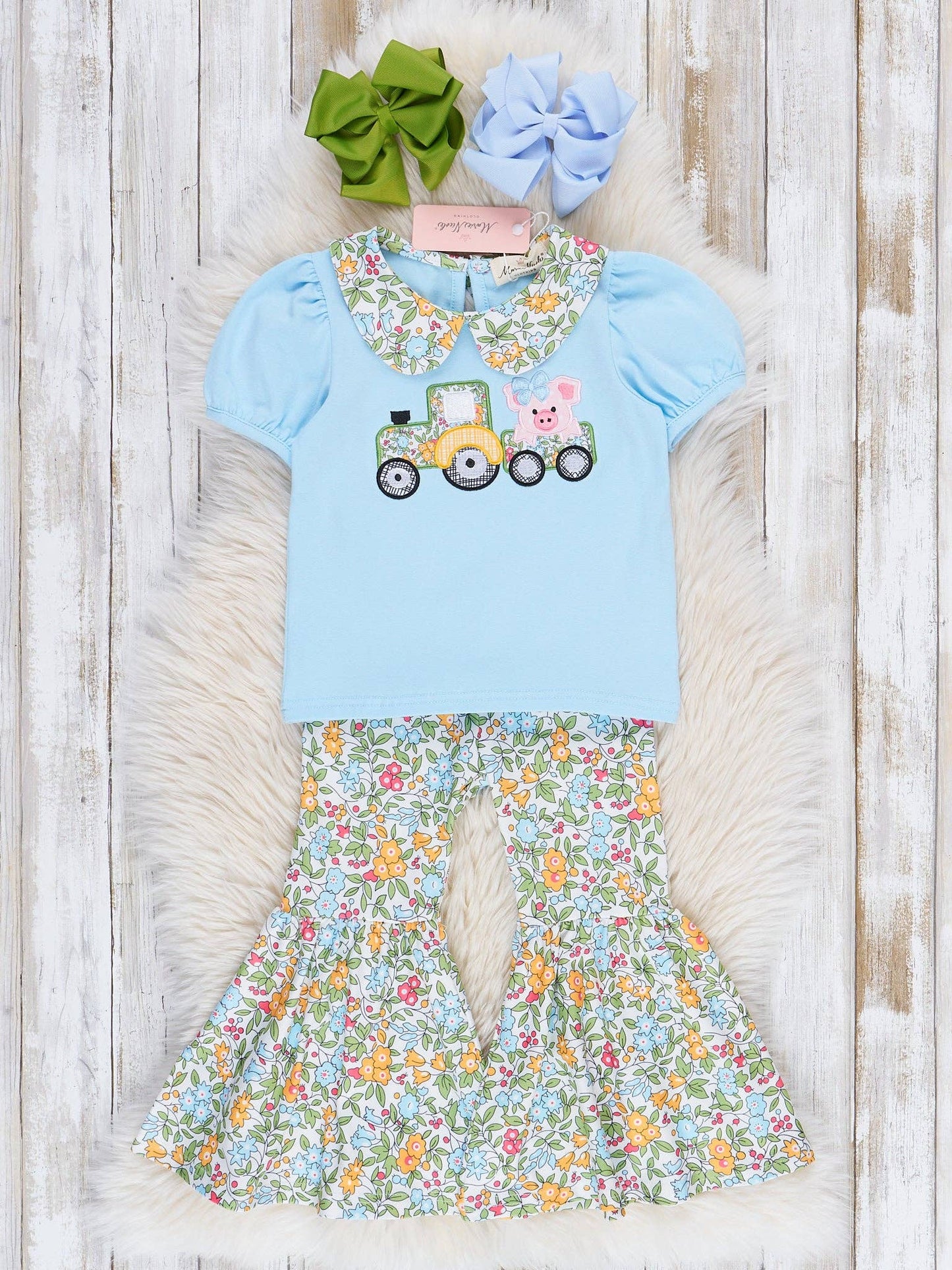 Light Blue Embroidered Piggy Tractor Bell Bottoms Outfit