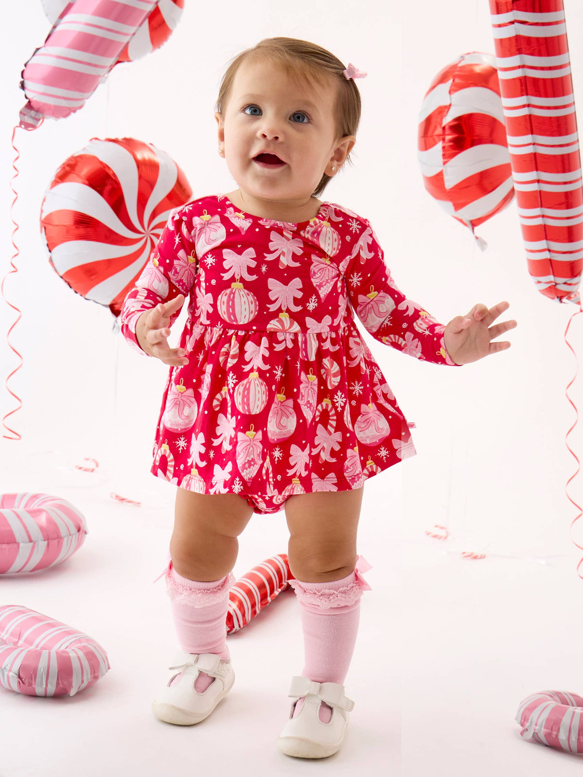 Baby Girls Red Holly Christmas Ornament Bows Knit Long Sleeve Twirl Top & Ruffle Bloomer Set