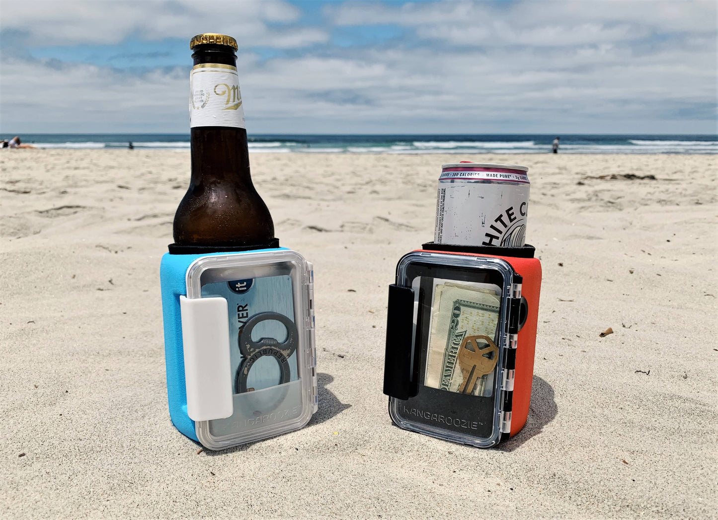 Kangaroozie (for slim cans & bottles) - Koozie with Pocket: Pink Foam/White Compartment