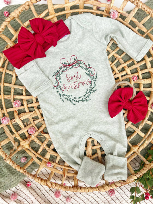 First Christmas Wreath Outfit: Newborn / Romper and bow