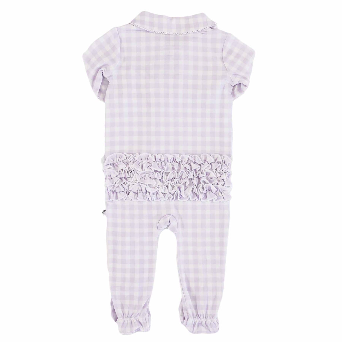 Peter Pan Collar Ruffle Zipper Footie | Lilac Gingham