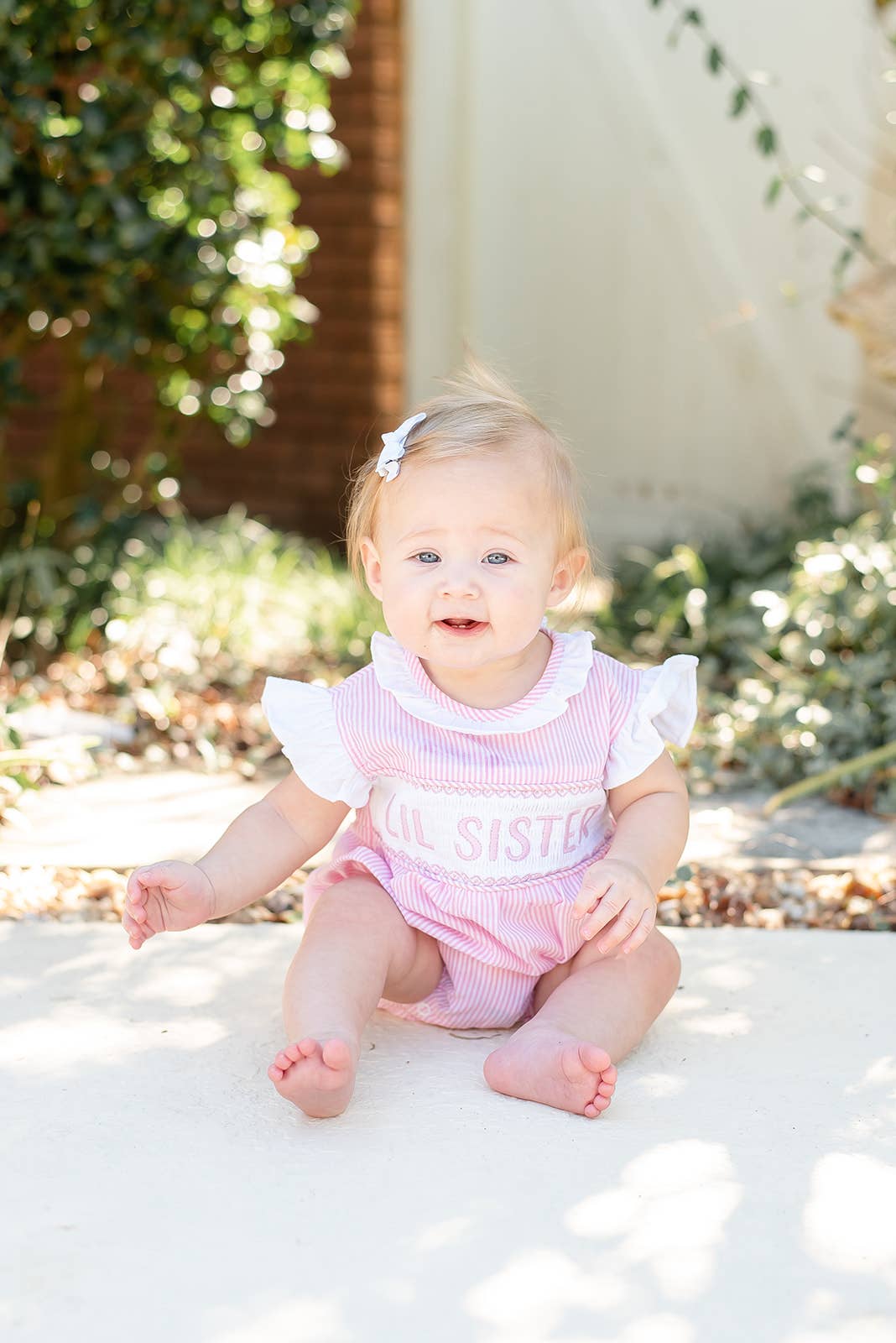 Pink Striped Lil Sister Smocked Romper: 3-6M