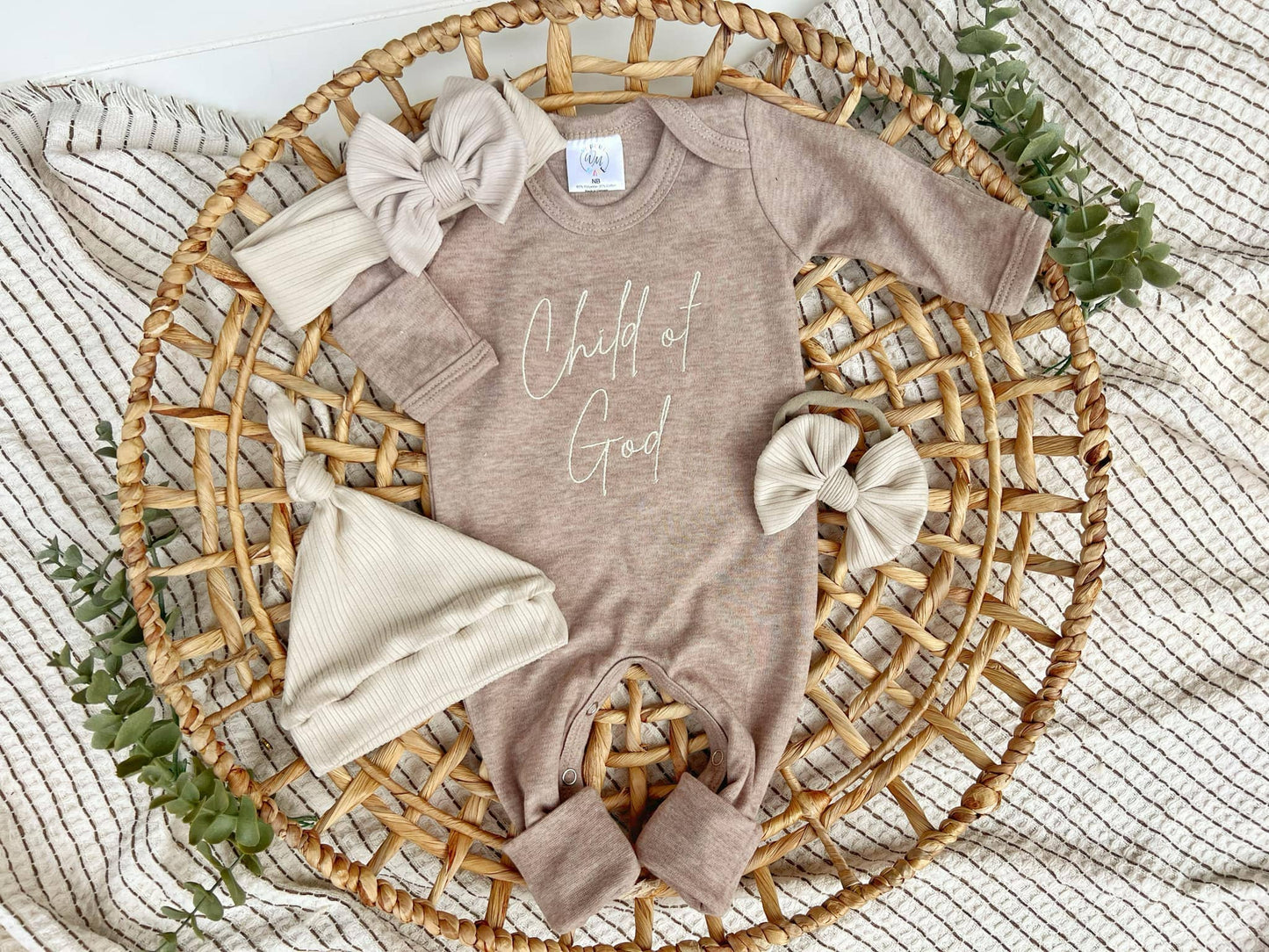 Child of God Mocha Brown Outfit: Newborn / Romper and Knotted Hat