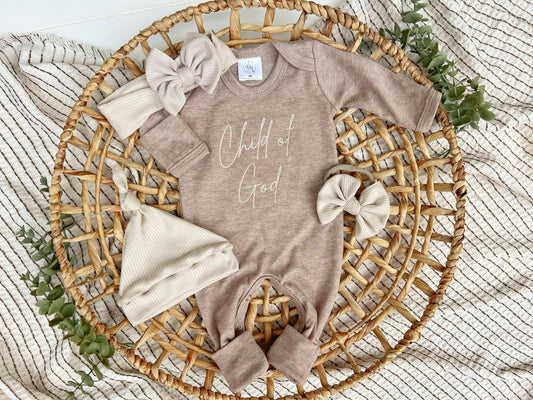 Child of God Mocha Brown Outfit: Newborn / Romper and Knotted Hat