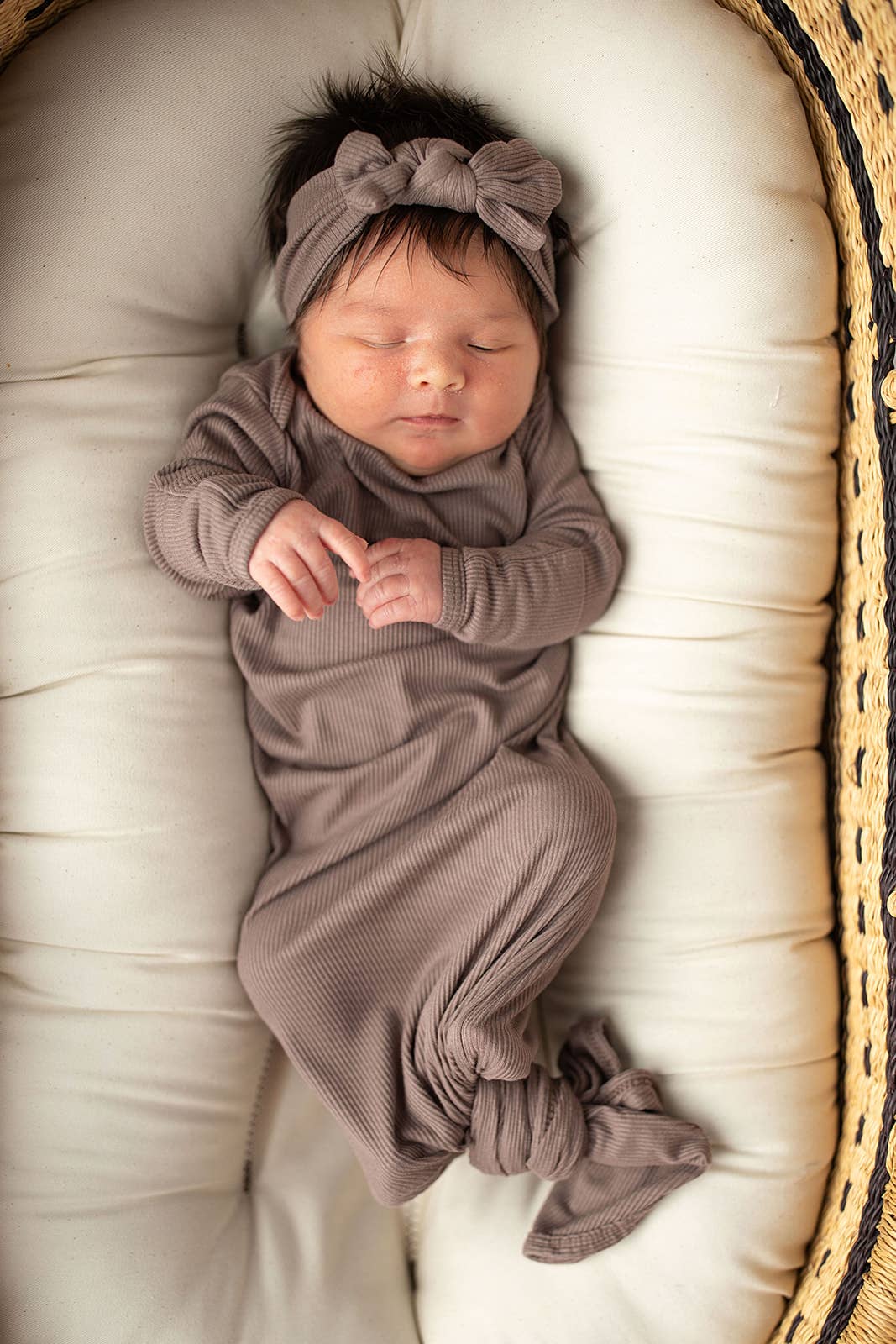 Cocoa Brown Ribbed Knotted Newborn Baby Gown sleepwear: Gown & Hat