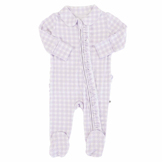 Peter Pan Collar Ruffle Zipper Footie | Lilac Gingham