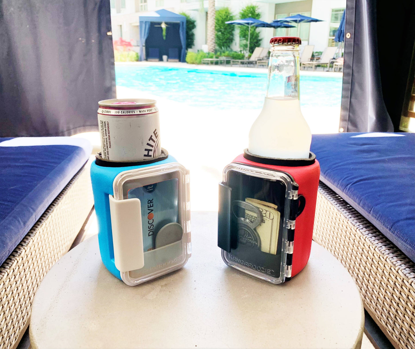 Kangaroozie (for slim cans & bottles) - Koozie with Pocket: Pink Foam/White Compartment