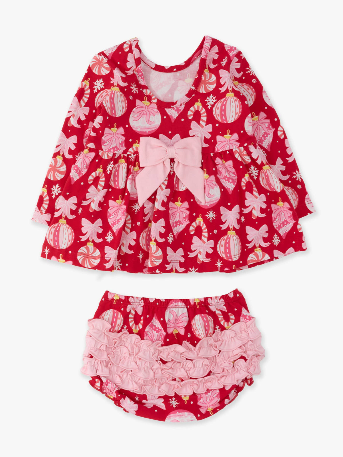 Baby Girls Red Holly Christmas Ornament Bows Knit Long Sleeve Twirl Top & Ruffle Bloomer Set
